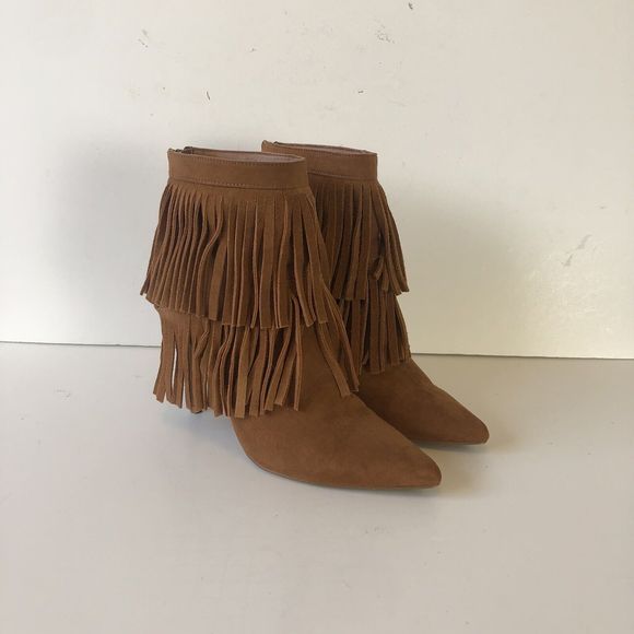 Nine West Brown Suede Western Booties Fringe Ankle Faux Suede Pointed Toe Size 6 - Picture 2 of 13